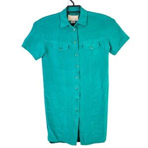 Womens Pat Argenti Green 100% Silk Shirt Dress Button Up Short Sleeve Pockets 4